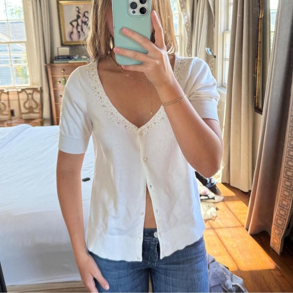 Ann-taylor Women's White and Cream Cardigan